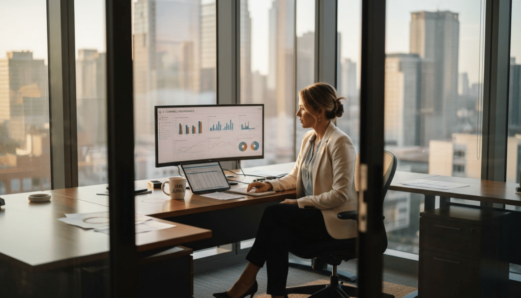 Ecommerce manager reviews analytics at desk