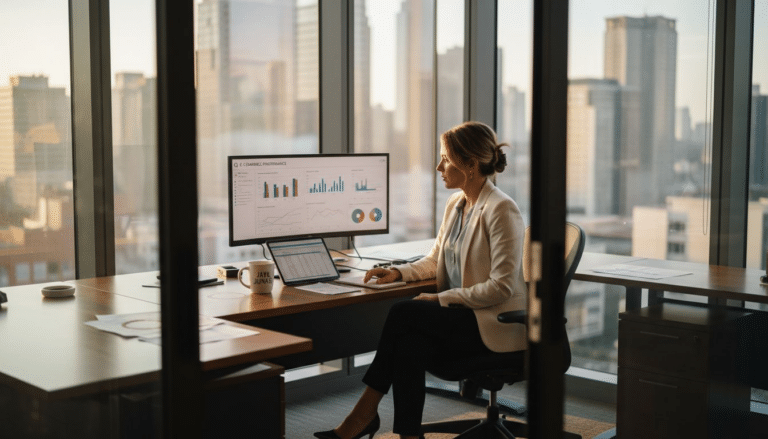 Ecommerce manager reviews analytics at desk