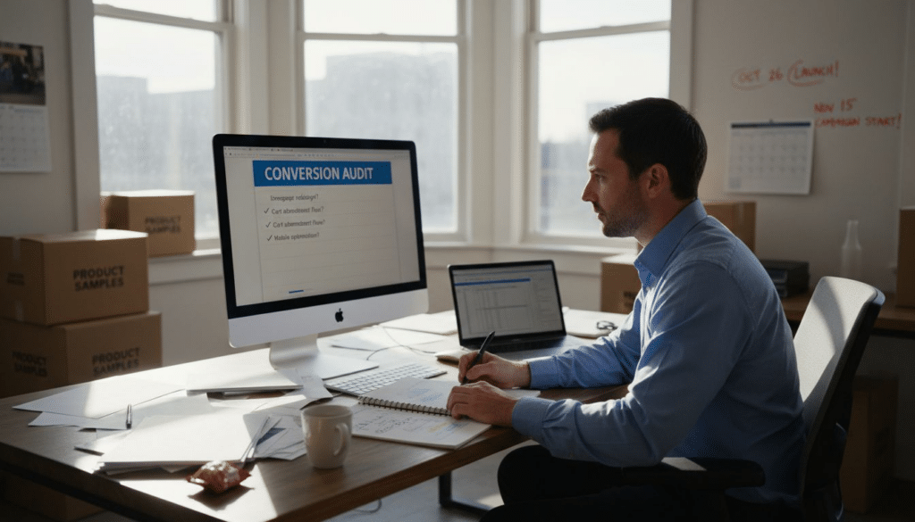 Ecommerce manager reviewing marketing checklist at desk