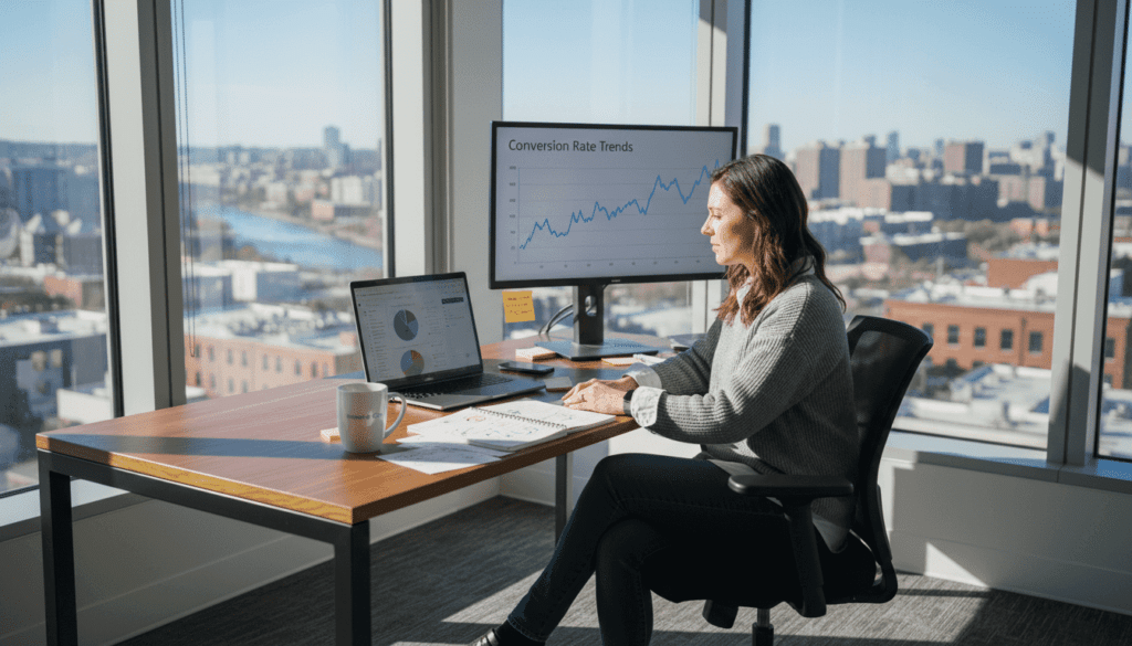 Ecommerce manager reviewing conversion analytics