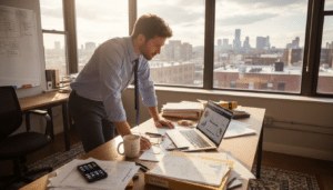 Marketing manager checking email analytics in office