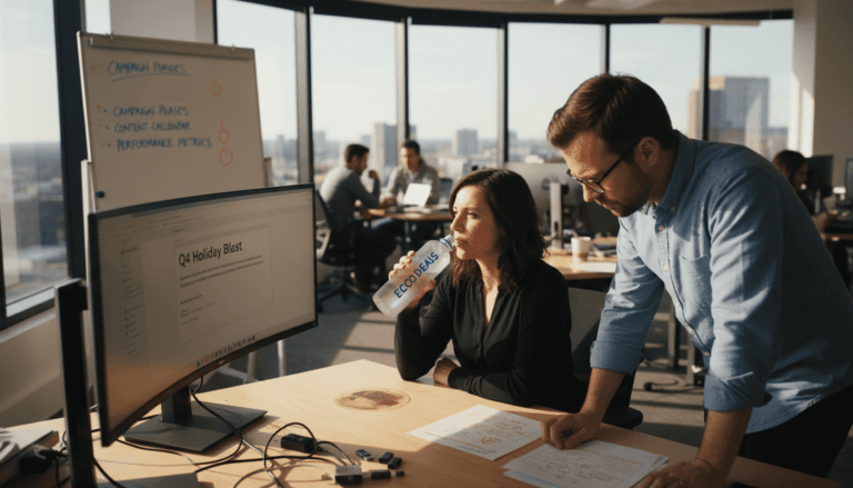 Team analyzing email segmentation campaign in office