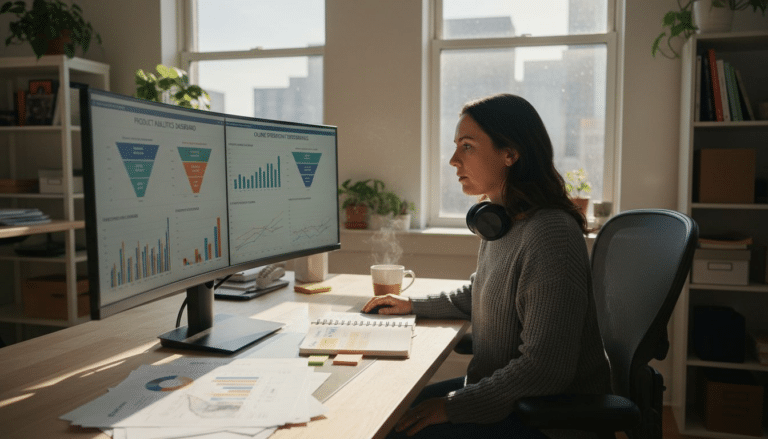 eCommerce marketer analyzing sales data at desk