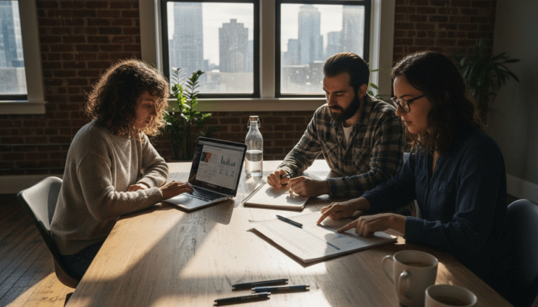 Ecommerce strategists meeting in corner office
