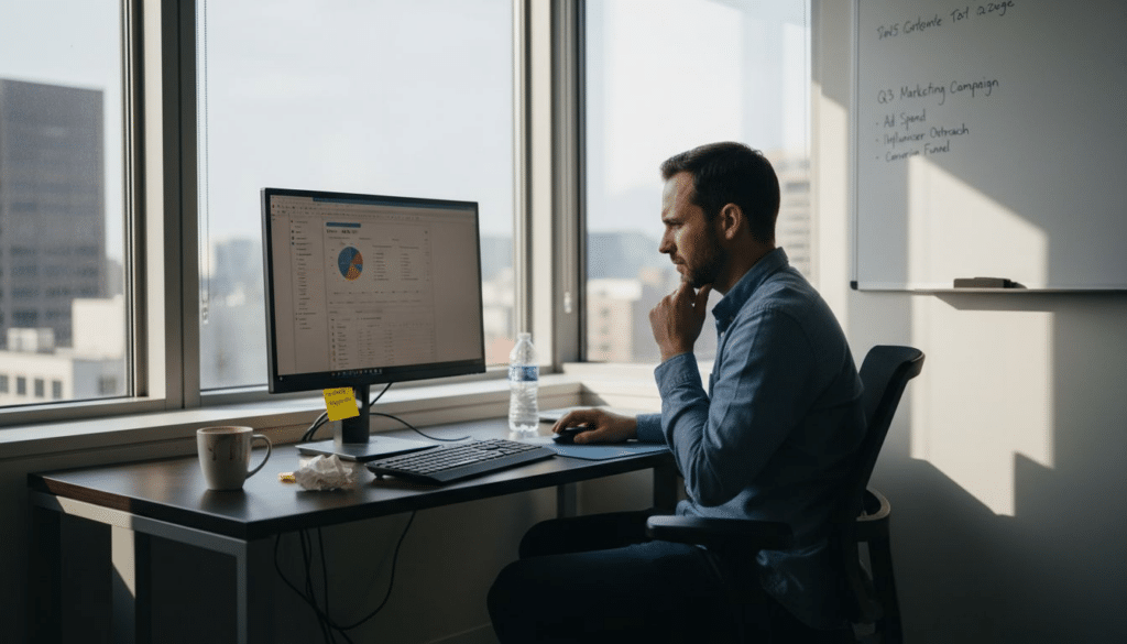 Manager reviewing ecommerce analytics dashboard at desk