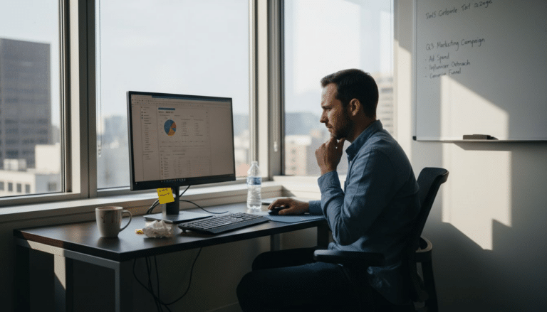 Manager reviewing ecommerce analytics dashboard at desk