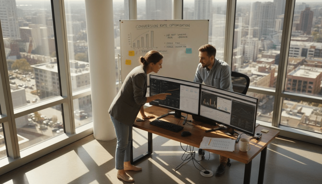 eCommerce analysts reviewing sales metrics dashboard