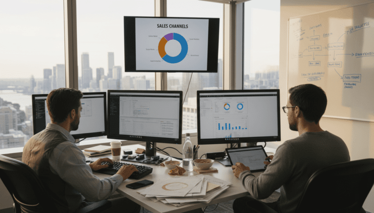 Ecommerce team analyzing sales data workspace