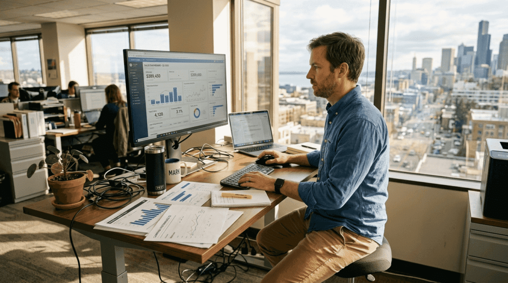 Ecommerce manager reviewing analytics dashboard