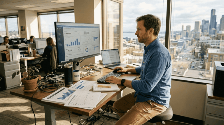 Ecommerce manager reviewing analytics dashboard