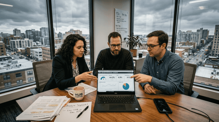 Business team discussing email analytics in office