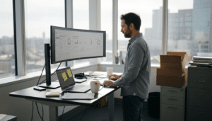 Person reviewing ecommerce analytics dashboard in office