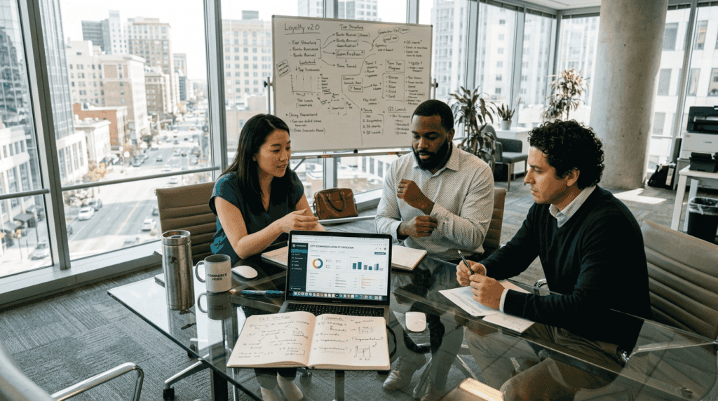 Ecommerce team meeting about loyalty program software