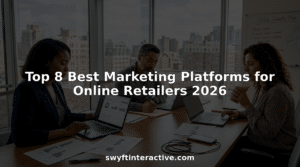 Marketing managers plan with analytics on laptops