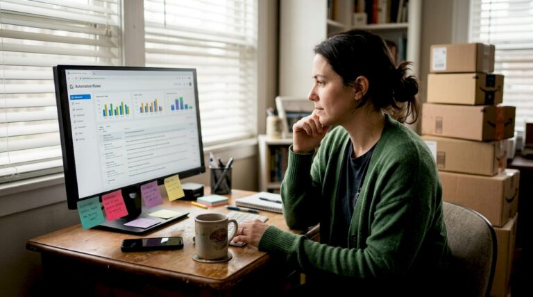 Woman reviewing ecommerce automation workflow