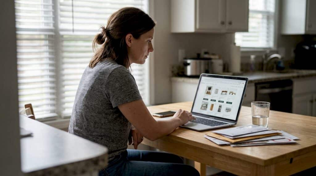 Woman reviewing ecommerce product page at home