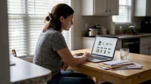 Woman reviewing ecommerce product page at home