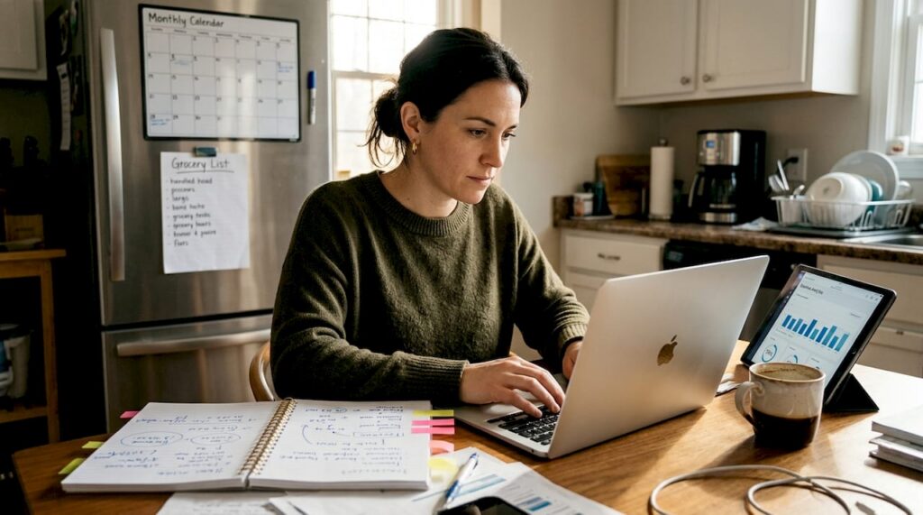 Founder reviewing ecommerce ad analytics at kitchen table