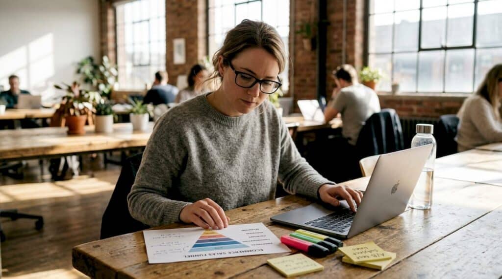 Professional reviewing ecommerce funnel chart in workspace