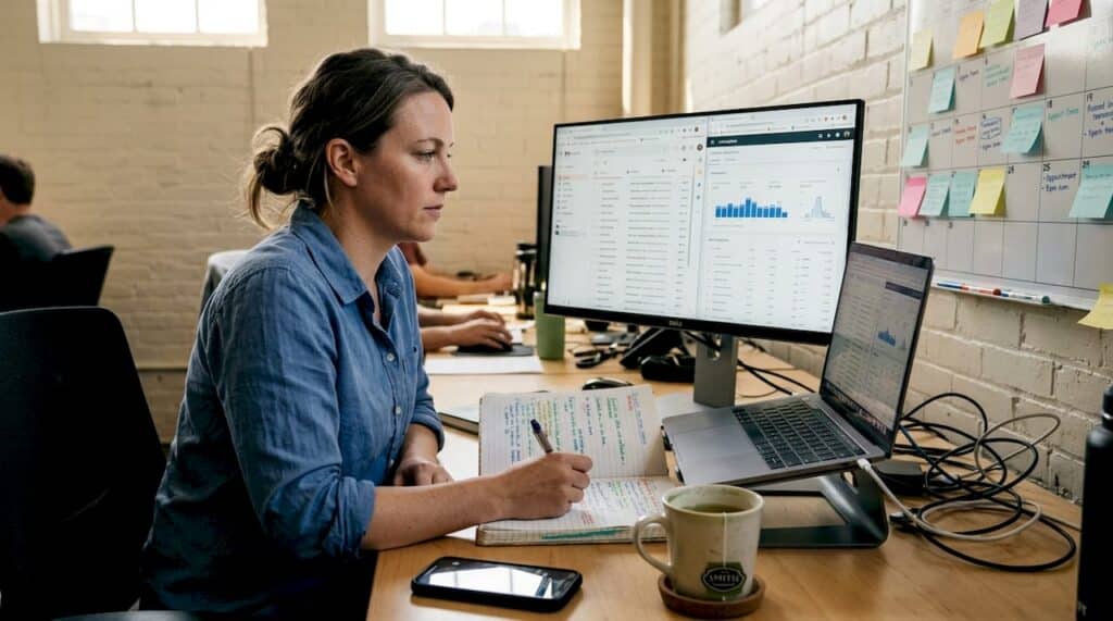 Marketer managing ecommerce workflow at desk