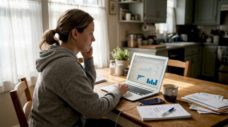 Woman reviewing ecommerce analytics at kitchen table