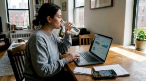 Ecommerce manager reviewing KPI dashboard at home