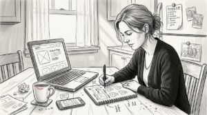 Woman sketching ecommerce website at kitchen table