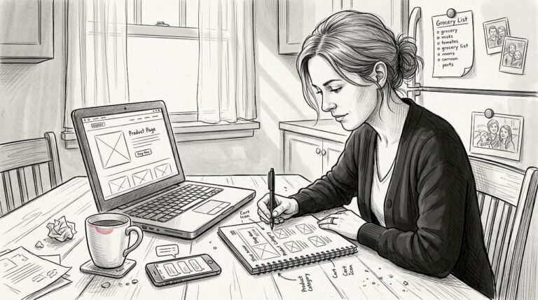 Woman sketching ecommerce website at kitchen table