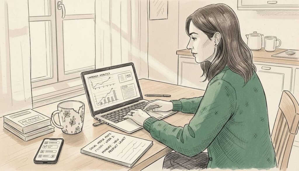 Ecommerce marketer reviews analytics at kitchen table