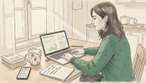 Ecommerce marketer reviews analytics at kitchen table