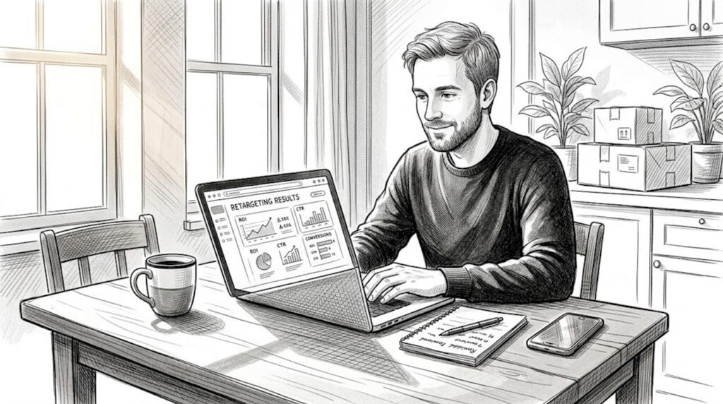 Ecommerce manager checking retargeting results at table
