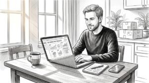 Ecommerce manager checking retargeting results at table