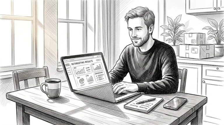 Ecommerce manager checking retargeting results at table