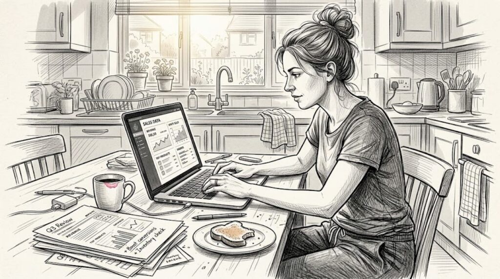 Woman checking ecommerce data at kitchen table