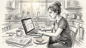 Woman checking ecommerce data at kitchen table