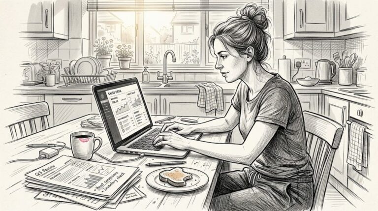 Woman checking ecommerce data at kitchen table