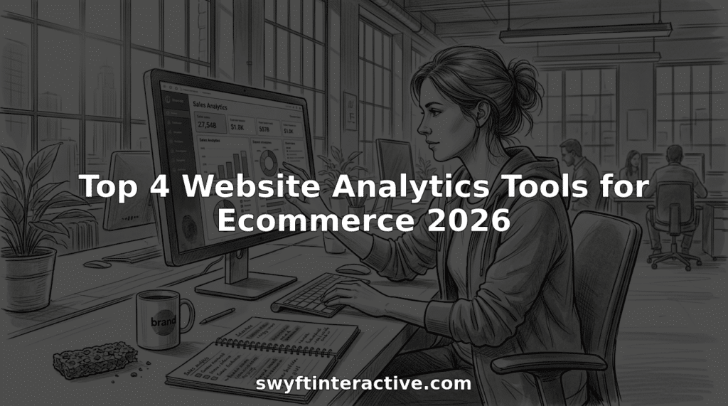 Ecommerce manager reviews analytics dashboard at desk