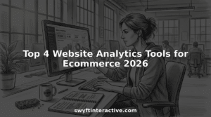 Ecommerce manager reviews analytics dashboard at desk
