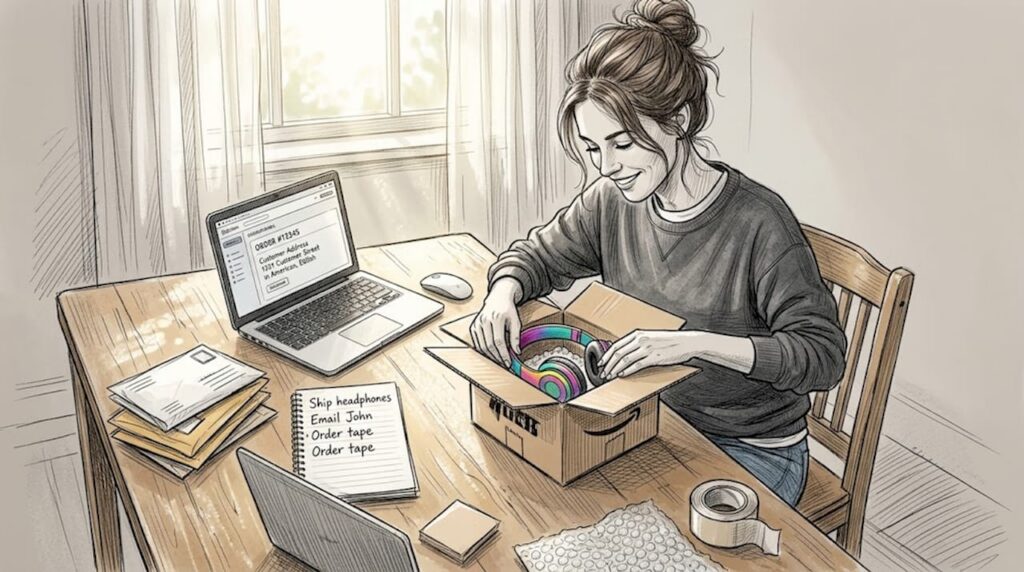 Woman packing ecommerce orders in home office
