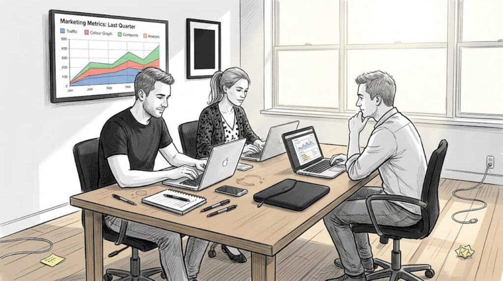 E-commerce team tracking marketing metrics together