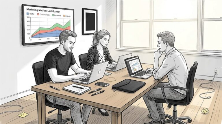 E-commerce team tracking marketing metrics together