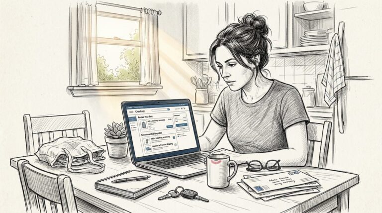 Woman reviews ecommerce upsell options at home