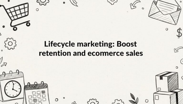 Decorative sketch-style title card, corner ecommerce objects