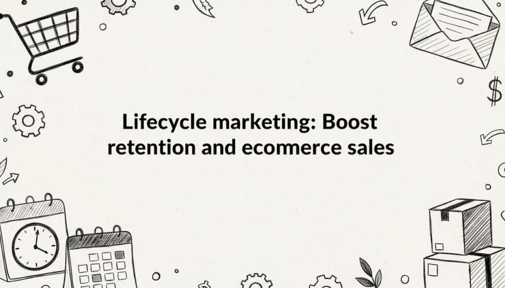 Decorative sketch-style title card, corner ecommerce objects