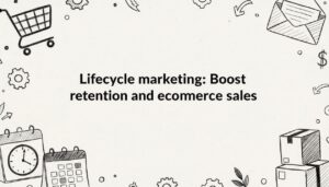 Decorative sketch-style title card, corner ecommerce objects