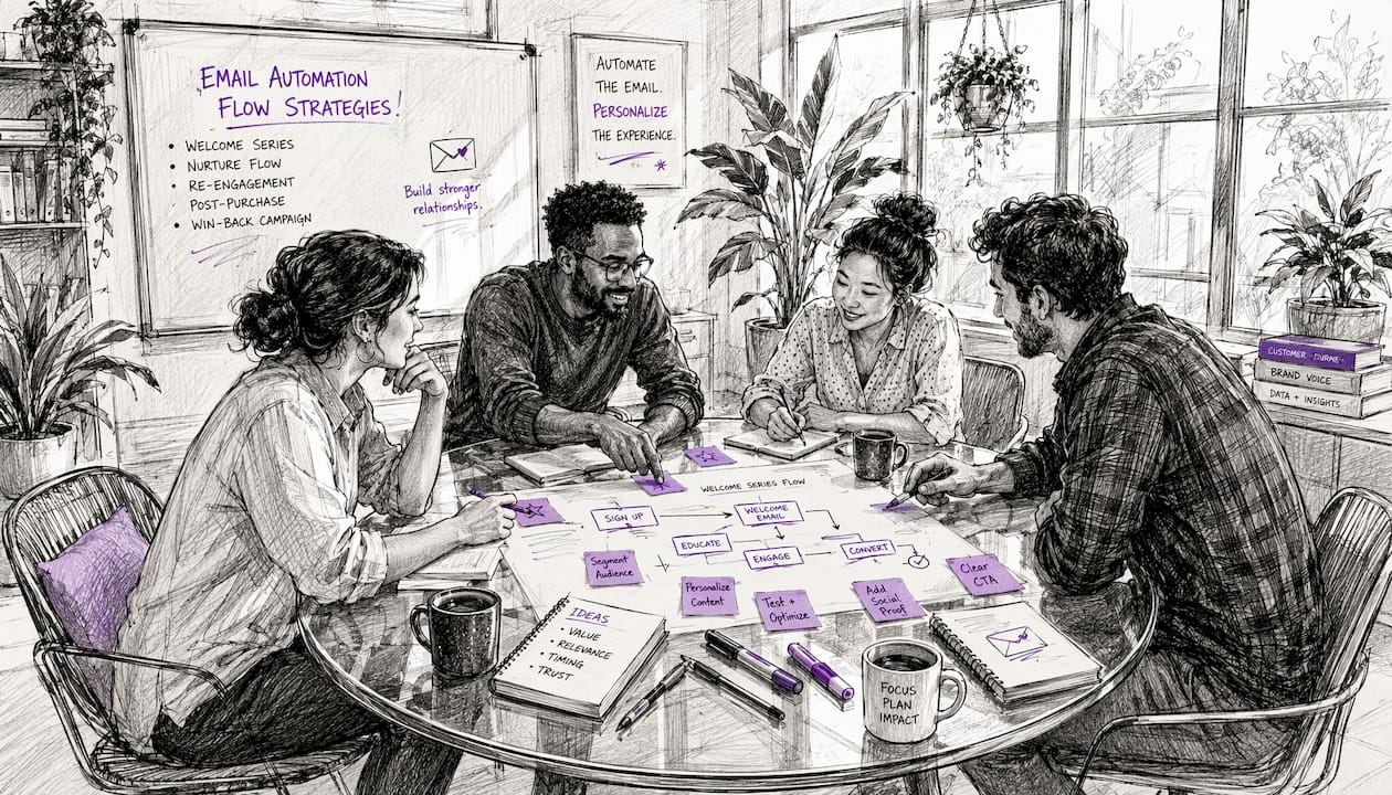 Team planning email automation flows at table