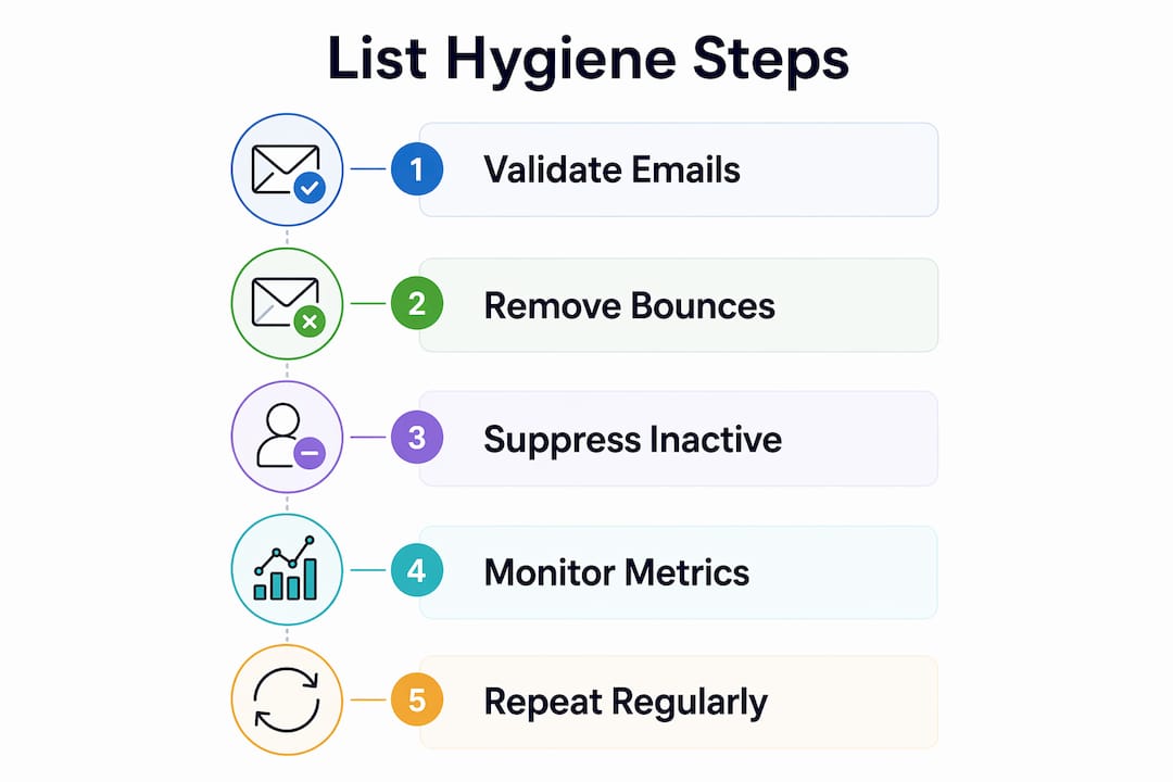 Infographic showing key steps of email list hygiene process
