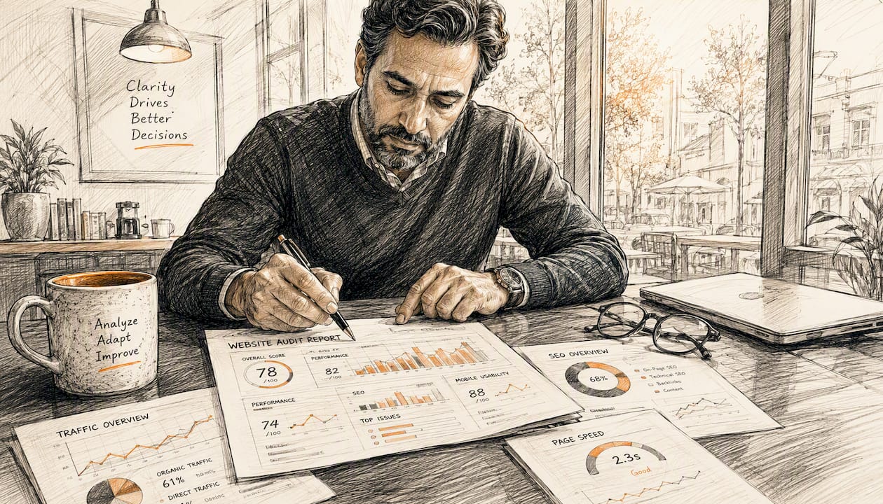 Man analyzing printed website audit reports at home desk