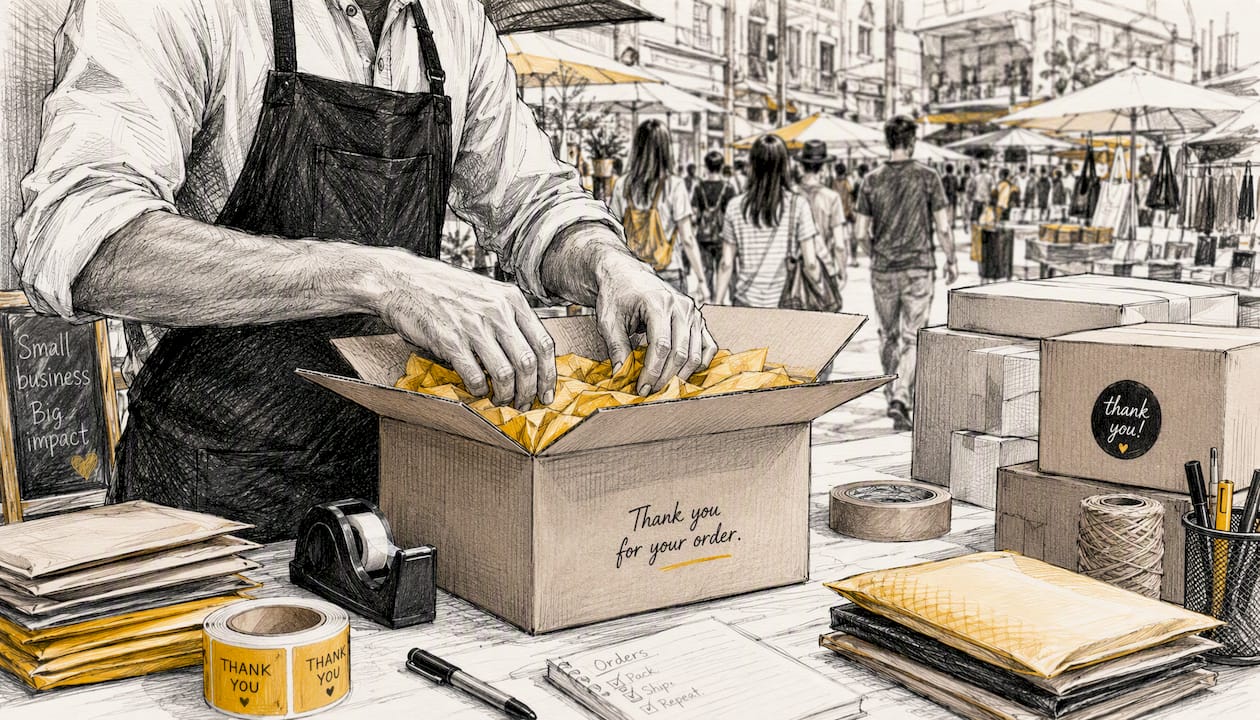 Hands packing ecommerce orders in fulfillment center