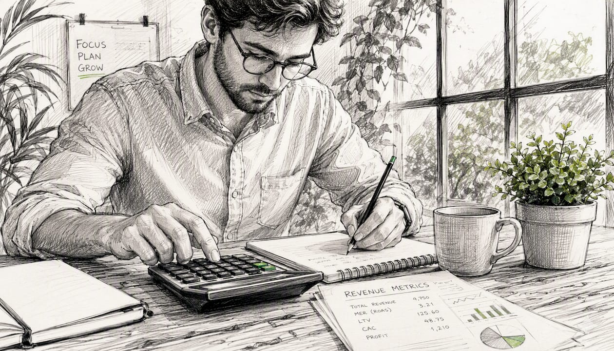 Hands calculating metrics with pencil and calculator
